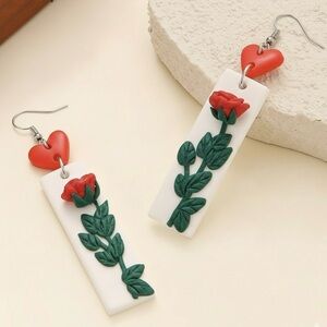 Rose Heart Dangle - Handmade Clay Earrings - Valentine’s Day